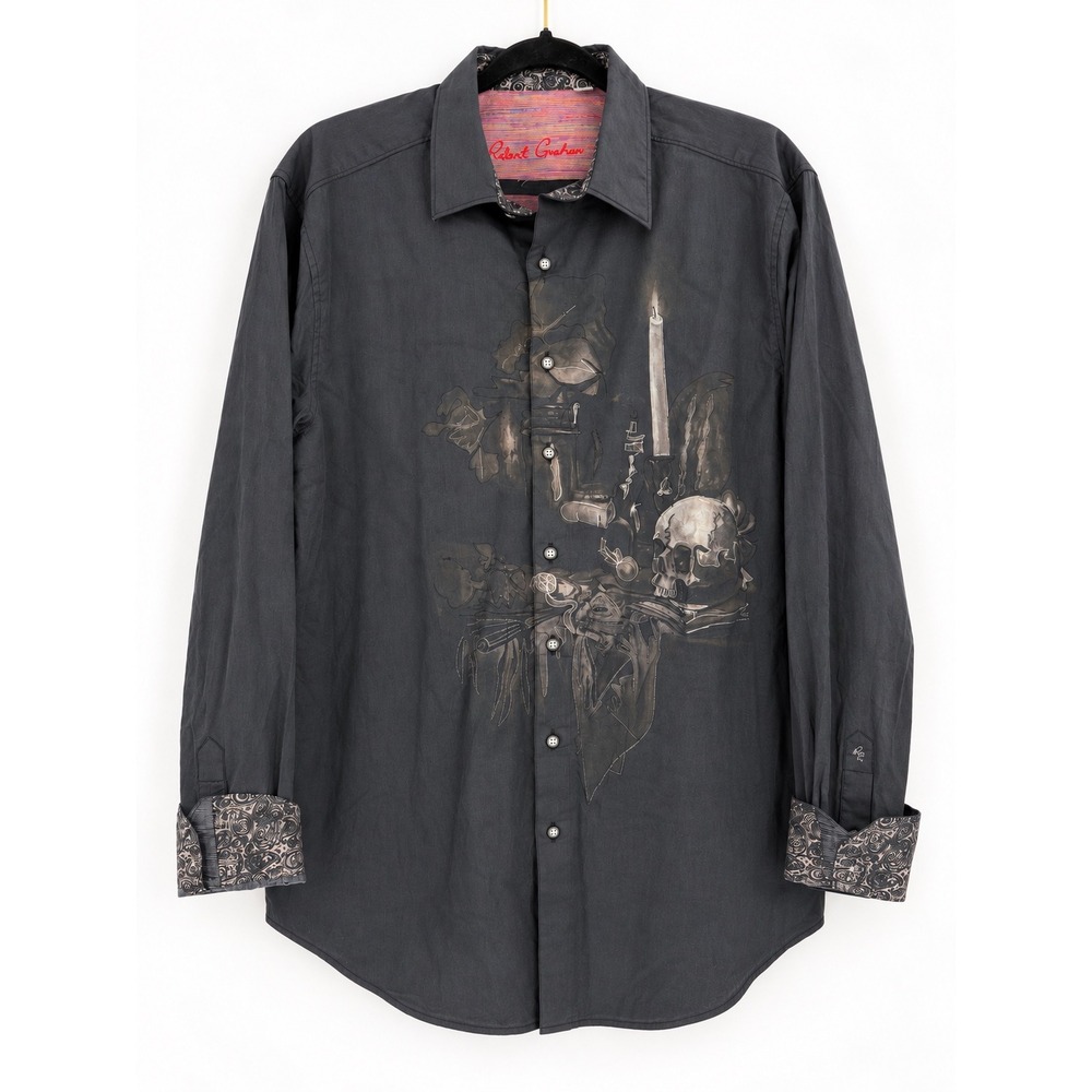 Robert Graham Soiree 2 Shirt Mens 1XLT Black Skull Print Memento Mori Gothic NWT